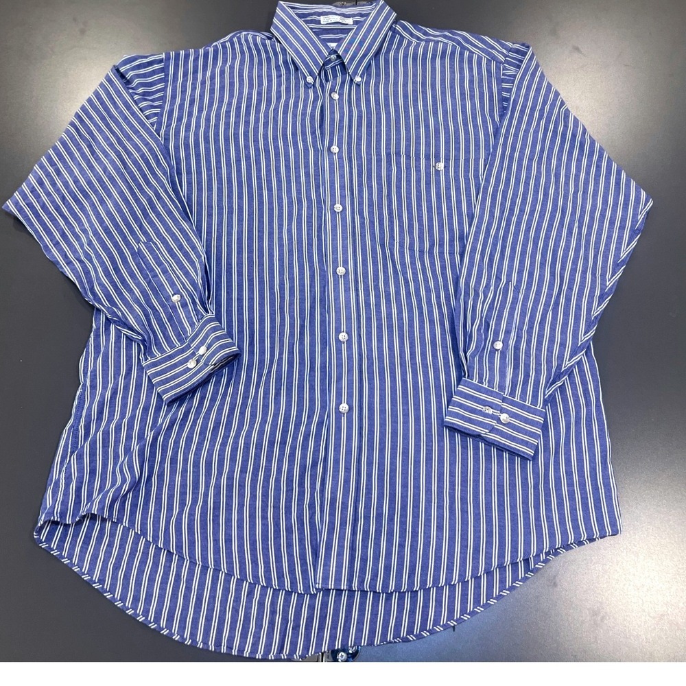 Vintage Sears Roebuck Men 17 34/35 Blue Striped Made in Korea Single Needle